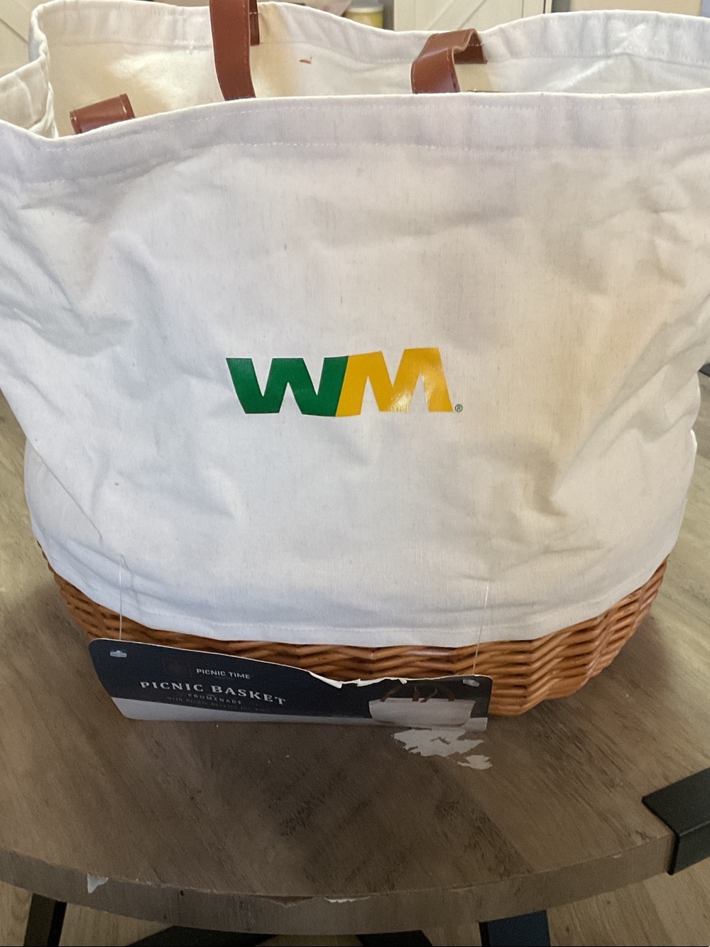 WM Logo White Canvas and Brown Wicker Picnic Basket Tote